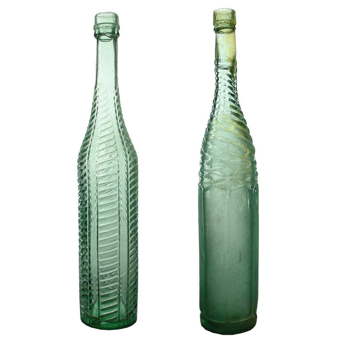 Pair of 26 oz Salad Oils: Herringbone style and Half Whirly. Aqua.