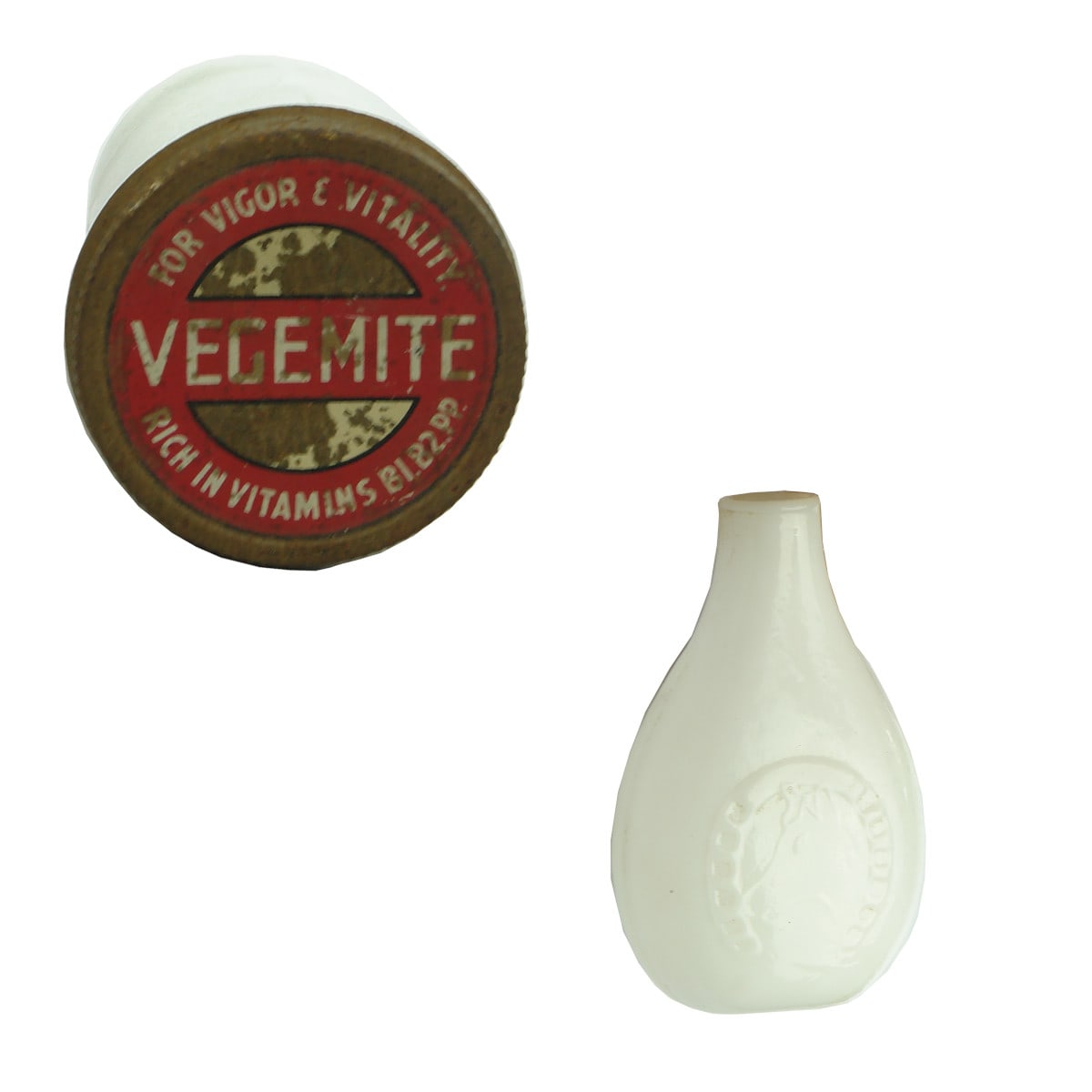 Pair of Opal or Milk Glass Items: Vegemite jar with original lid; Horseshoe design miniature baby feeder.