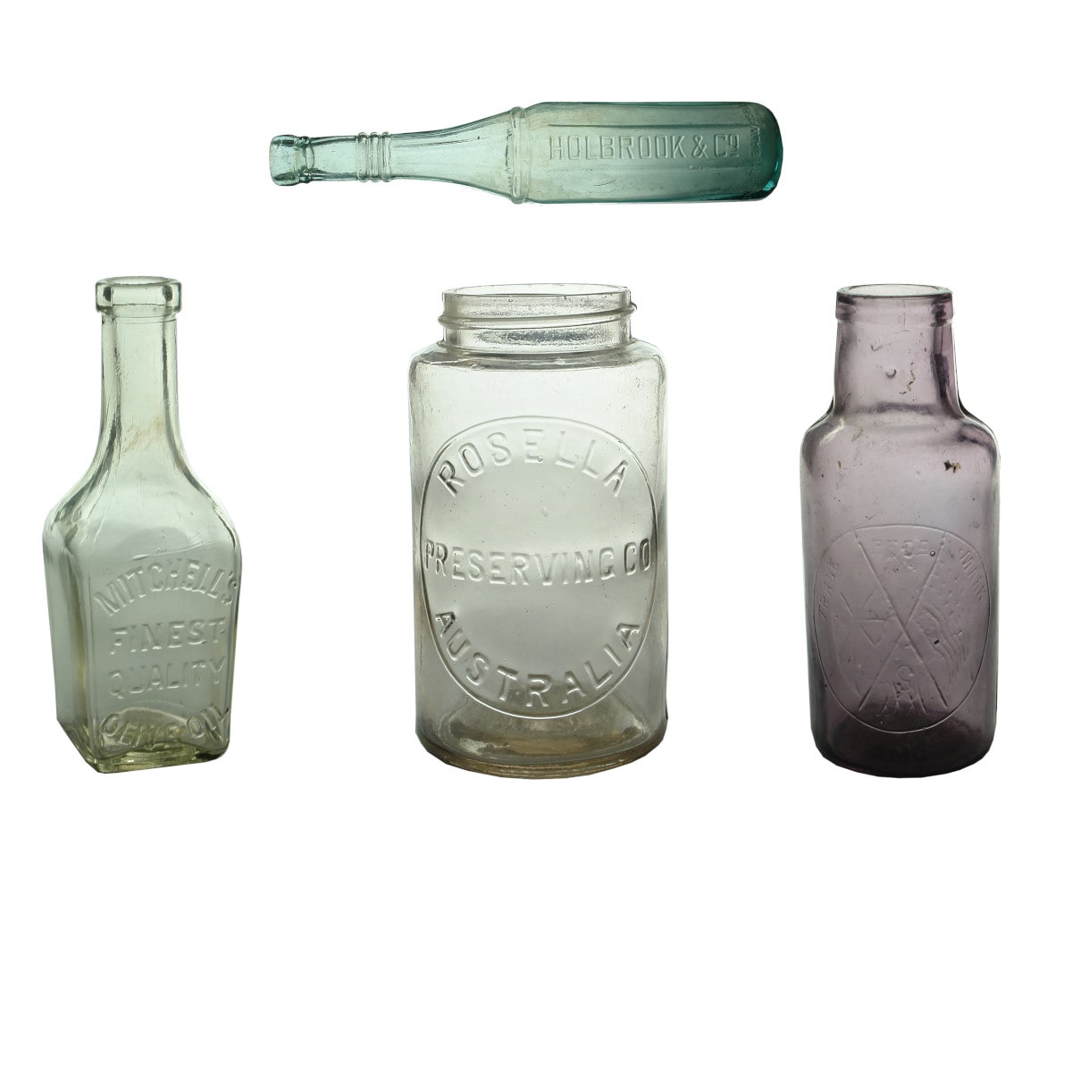 Four Household Bottles. Half size Holbrooks Vinegar; Mitchell's Olive Oil; Rosella Jam Jar; Southan Crossed Flags Pickle.