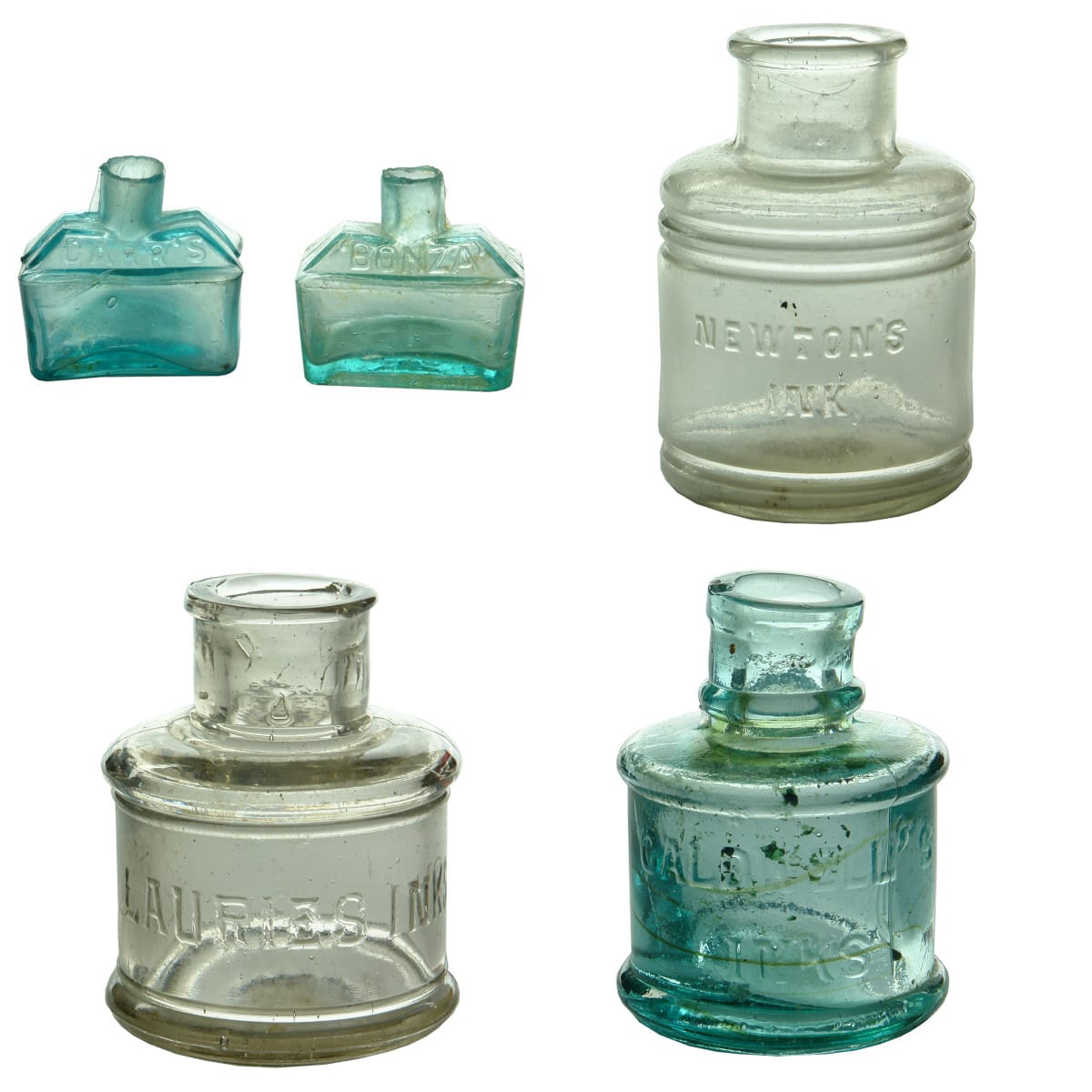 Five embossed Australian glass inks: 2 x Carr's Bonza; Newton's; Laurie's; Caldwell's.