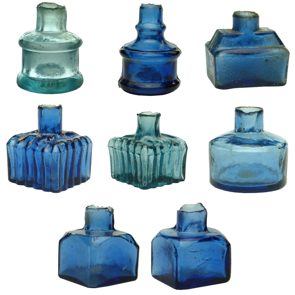 Eight small glass inks. Federal, Blues, Hollidge.