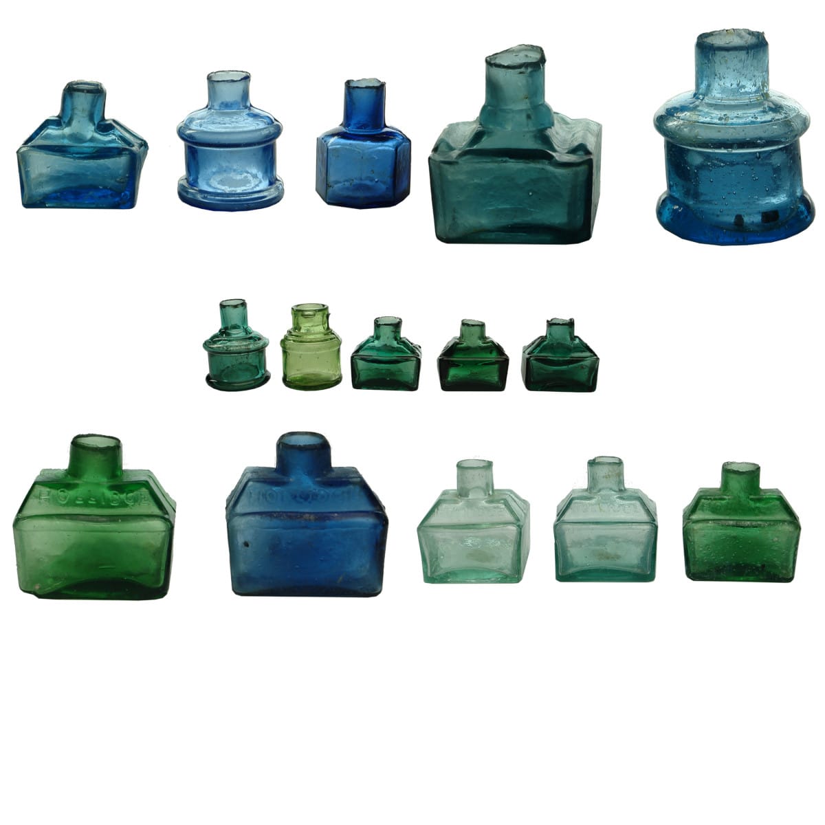 15 Inks. Five small blue glass inks. Five small green glass inks. Five Hollidge Inks. Green, Blue & Aqua. (UK)