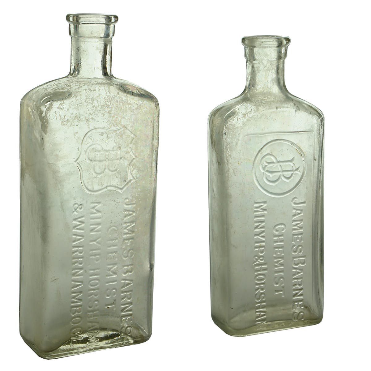 Pair of large James Barnes Chemist Bottles. Minyip, Horsham, Warrnambool. (Victoria)