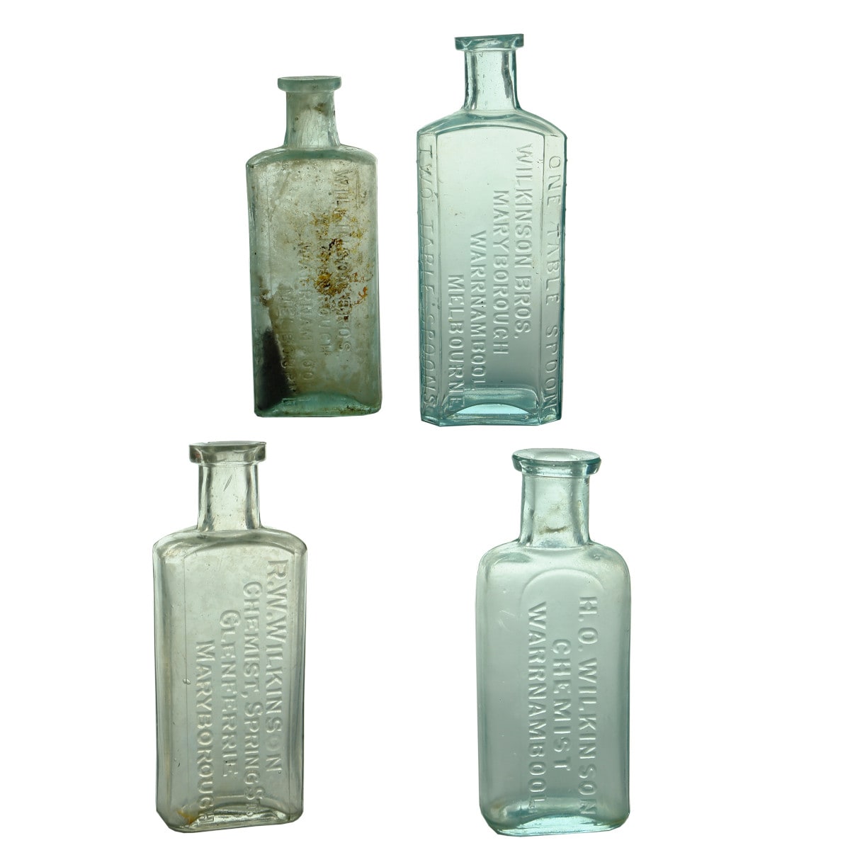 Four Chemist Bottles from the Wilkinson Family. Warrnambool, Maryborough, Melbourne, Glenferrie. (Victoria)