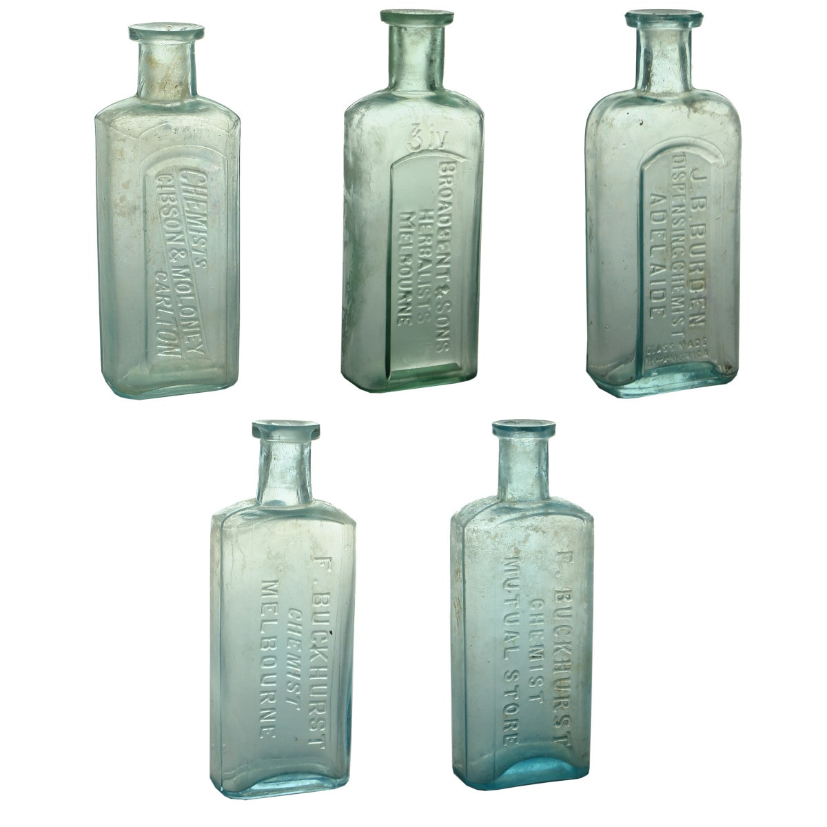 Five 3-4 oz Chemists: Gibson & Moloney, Carlton; Broadbent Melbourne; Burden Adelaide; Buckhurst Melbourne & Mutual Store.