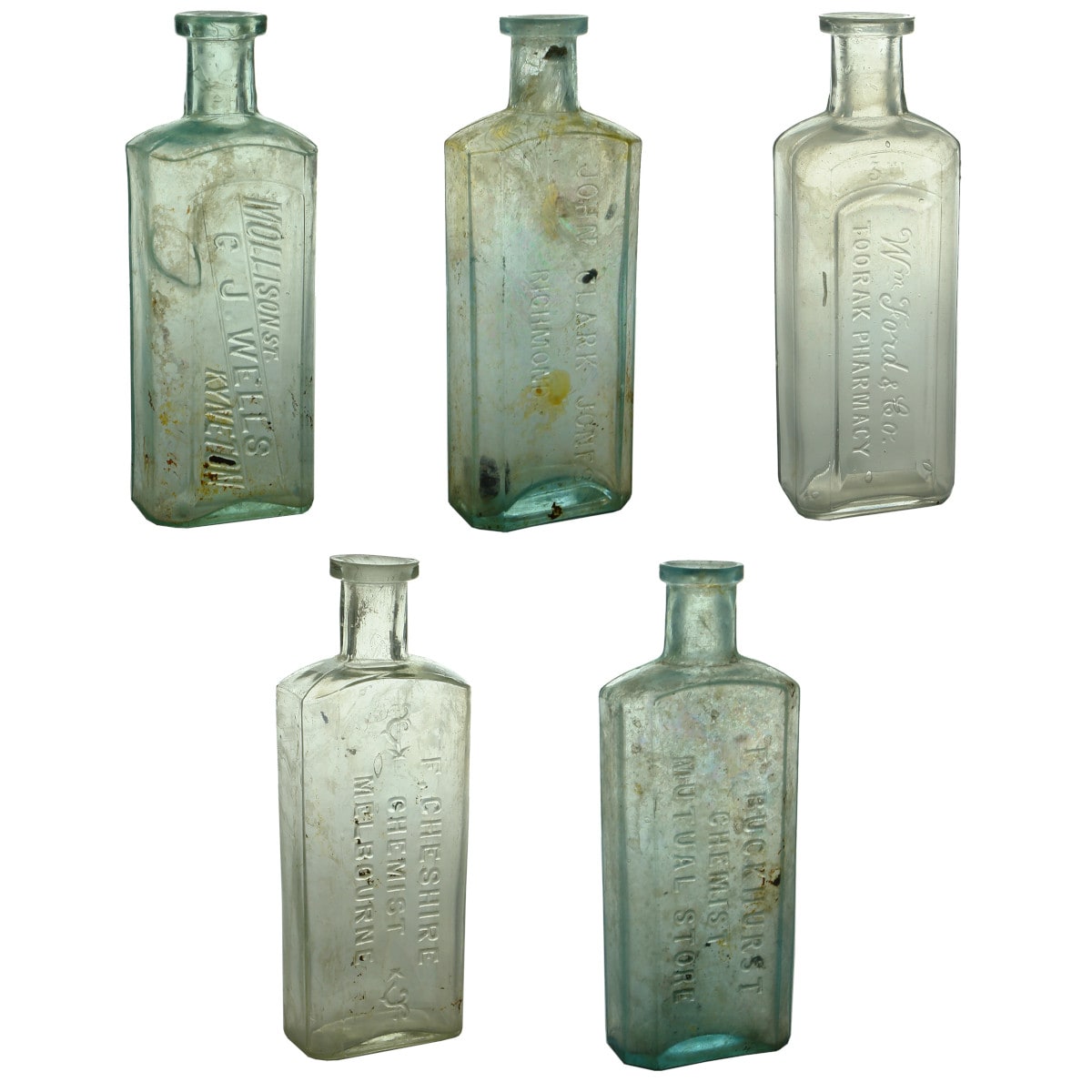 Five 6 oz Chemists: Wells, Kyneton; Jones, Richmond; Ford, Toorak; Cheshire, Melbourne; Buckhurst, Mutual Store. (Victoria)