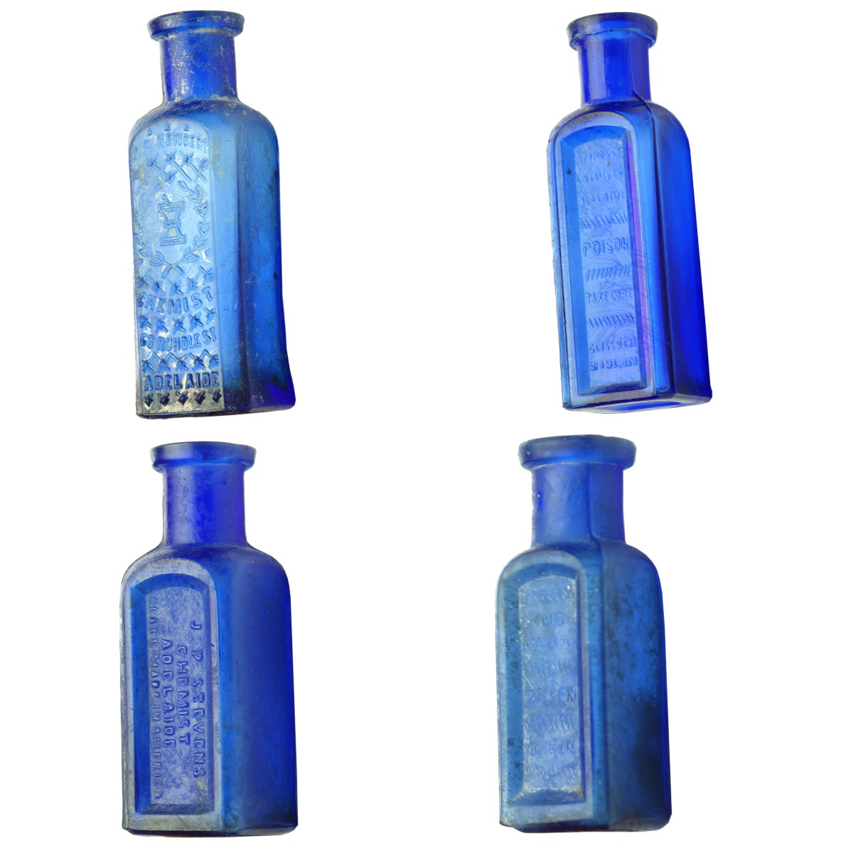 Four small Cobalt Blue Adelaide Chemist & Poison bottles. Newbery, Stevens & 2 x Main & Son. (South Australia)