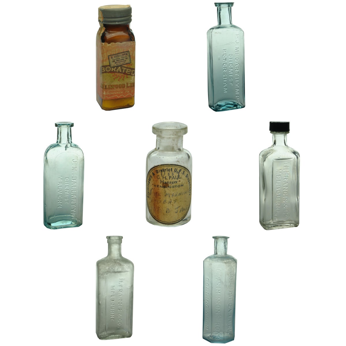 Seven Chemist bottles labelled and embossed. Various Melbourne suburbs and Petersham.