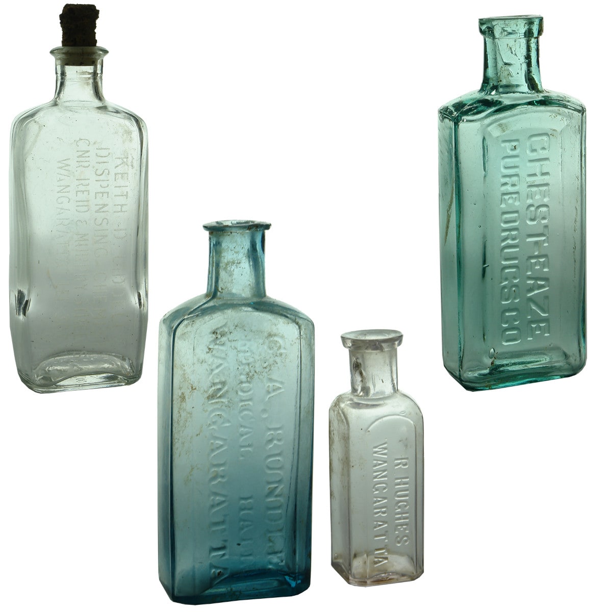 Four Chemist Bottles: Three from Wangaratta. Liddell, Rundle and Hughes. Plus Chest-Eaze Drugs Co. Cure.