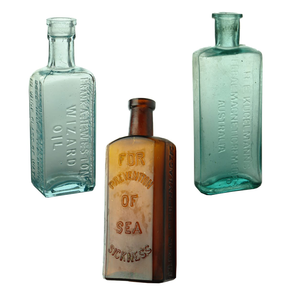 Three Cures: Weston's Wizard Oil; Kugelmann's Herbal Magnetic Remedies; Brush's Sea Sickness Prophylactic.