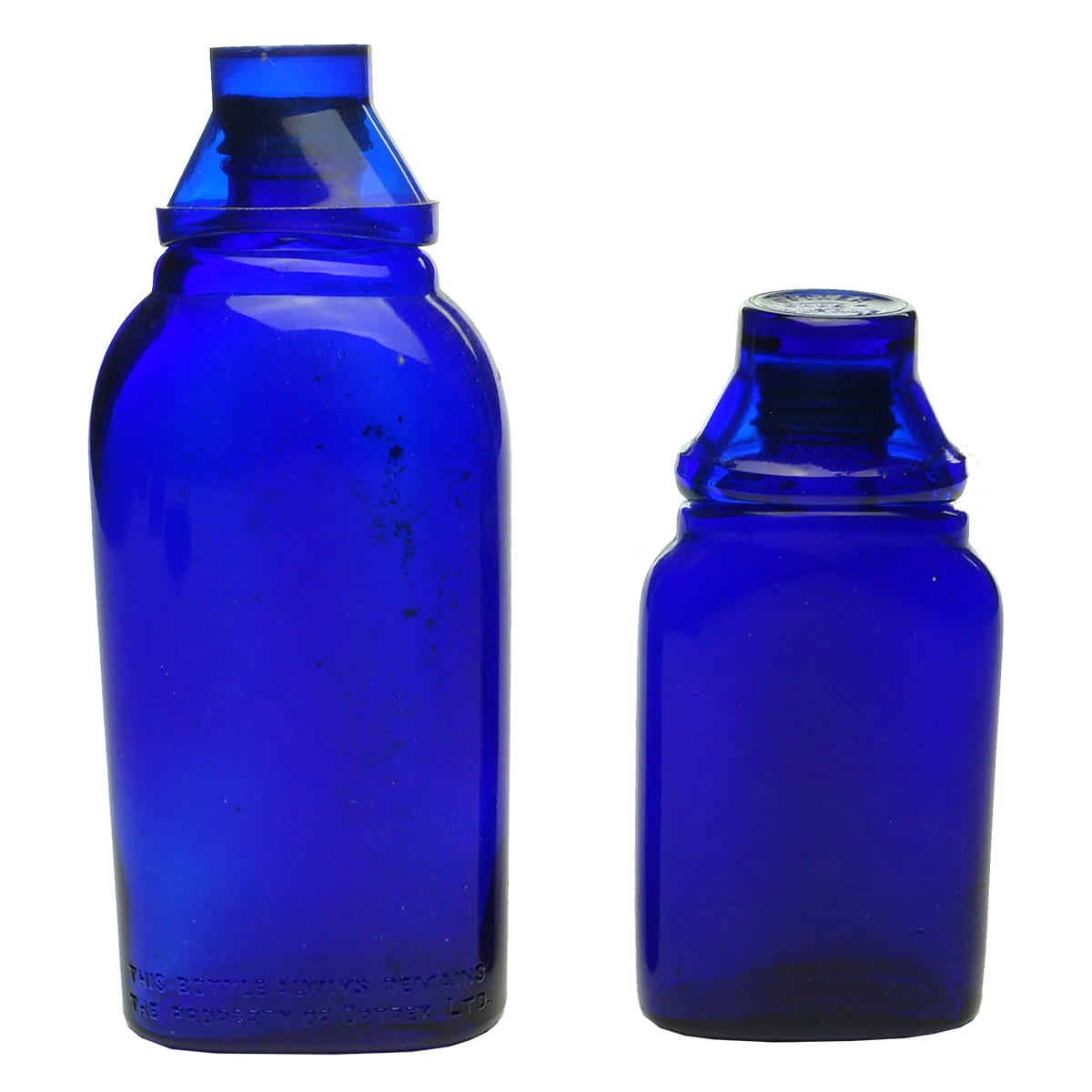 Pair of Optrex Bottles with Eye Bath Caps. Cobalt Blue.10 & 5 oz.