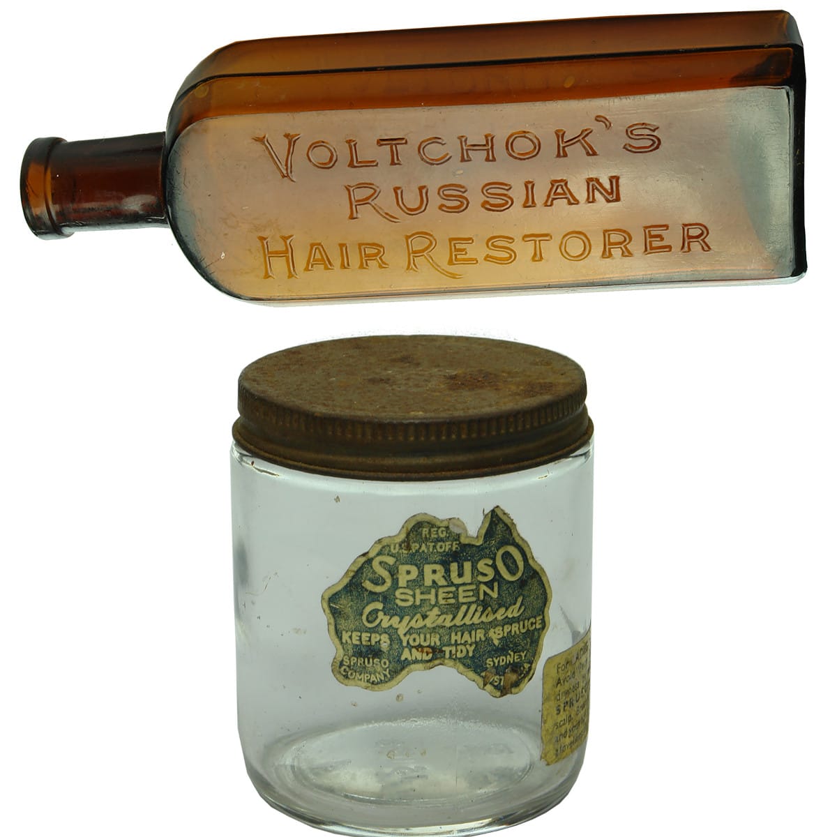 Pair of Hair Bottles: Voltchok's Russian Hair Restorer; Spruso Sheen, Sydney.