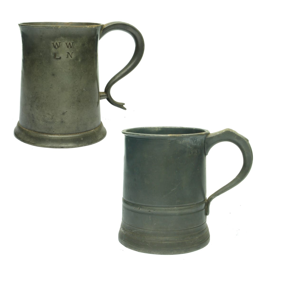 Pair of Pewter Mugs. 1. Pewter Large Mug, W W L N. 2. 1 Pint.