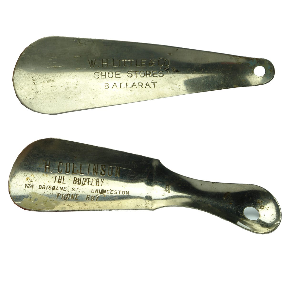 Two advertising Shoe Horns: Little & Co., Ballarat and Collinson, Launceston. (Victoria & Tasmania)