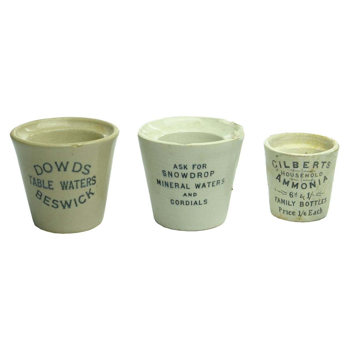 Advertising Measures. Dowds Table Waters, Beswick, Large; Snowdrop Mineral Waters and Cordials, Large; Gilberts Household Ammonia, Small. (United Kingdom)