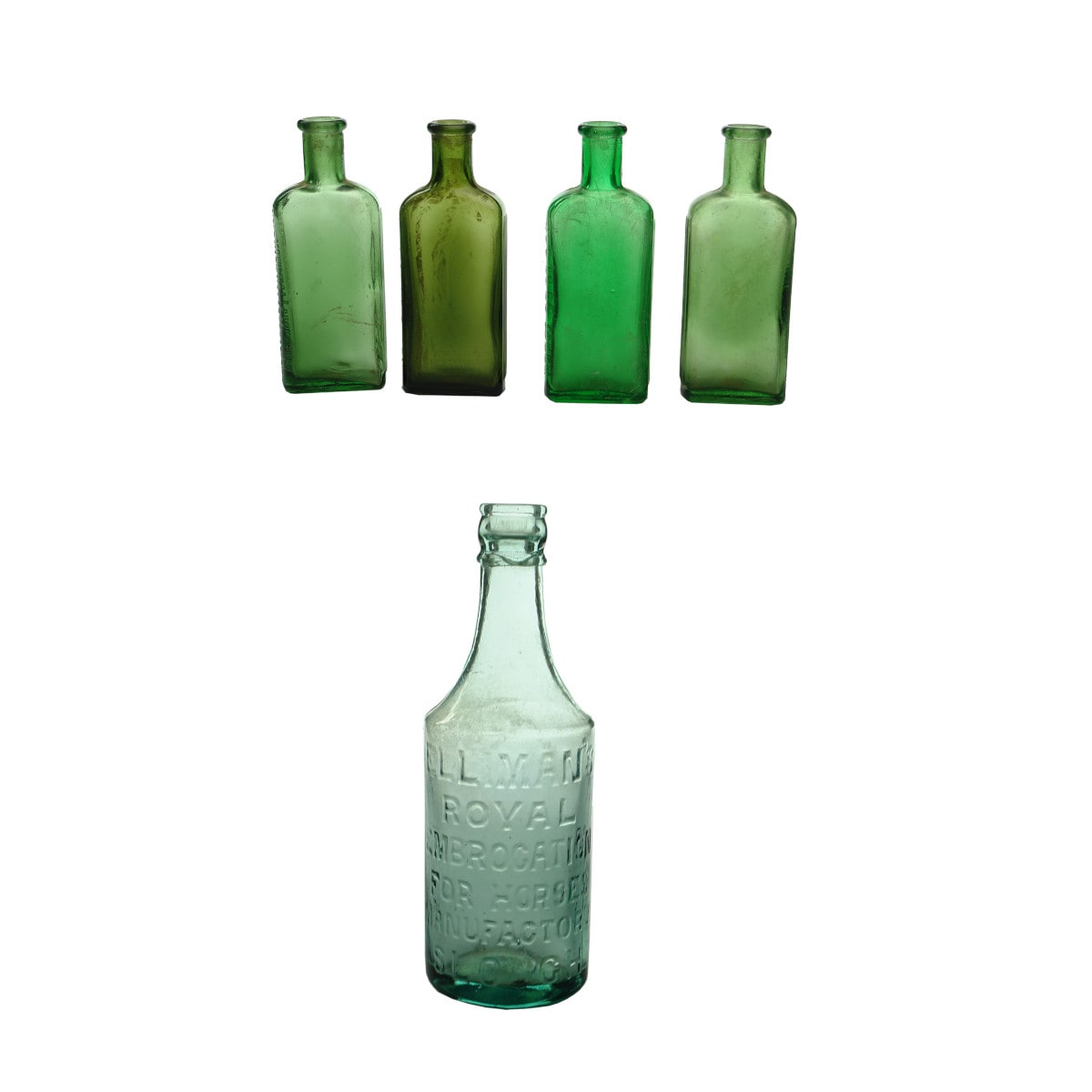 Five bottles: Elliman's Embrocation and Four Poison Bottles. Green. Not to be taken. International Laboratories. Clinton Williams.