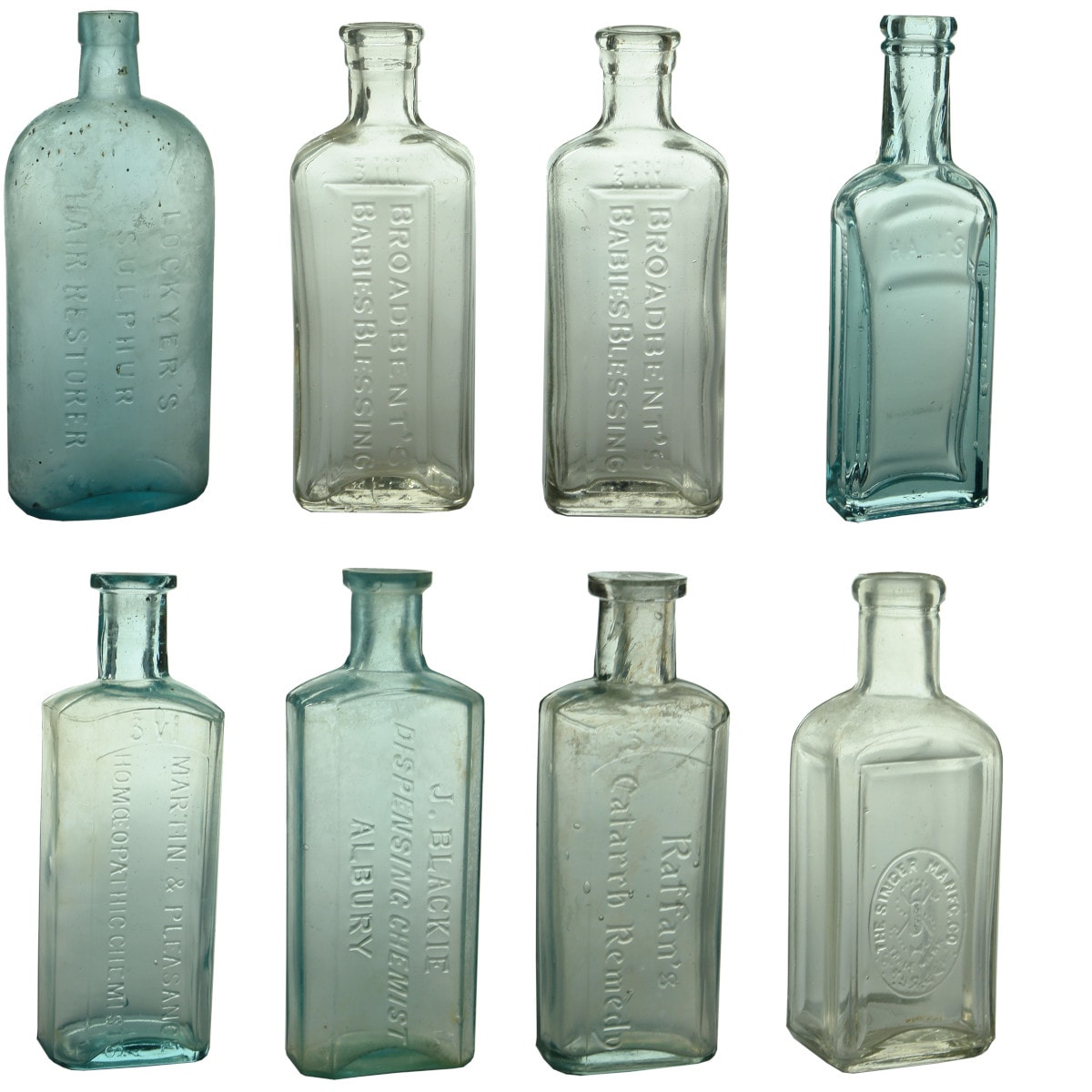 Eight small Household, Cure & Medicine Bottles: Lockyers Hair Restorer; Broadbents; Hall's; Martin & Pleasance; Blackie; Raffan's; Singer Machine Oil.