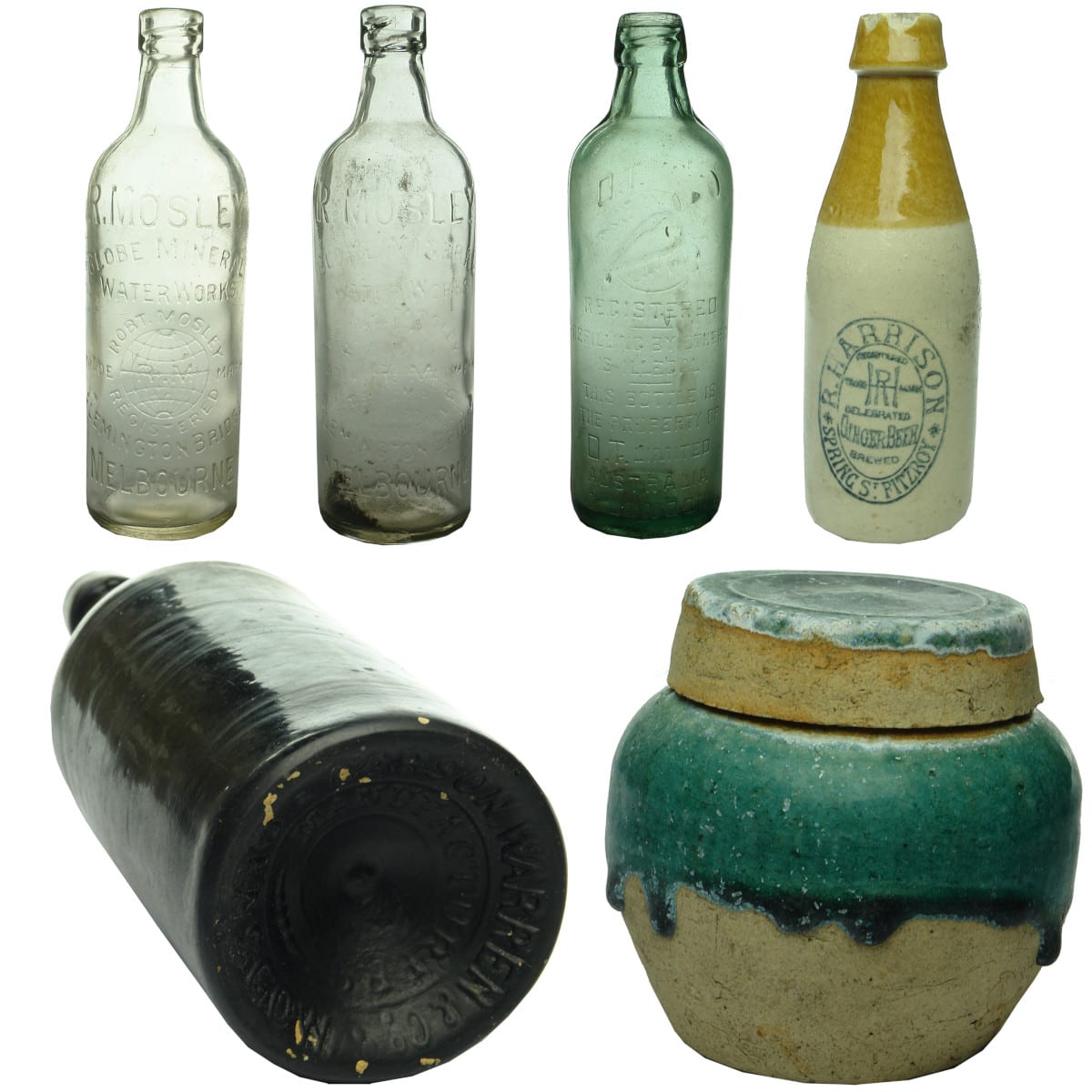 6 items: 3 Internal Threads; Harrison Ginger Beer; Carson Warren base embossed black; Green Ginger Jar.