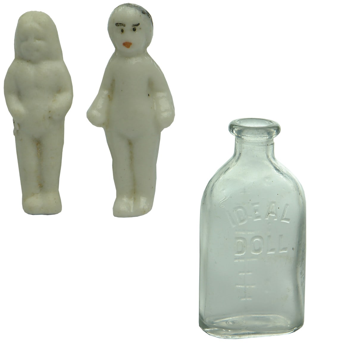 Pair of Pudding Dolls and a Miniature or Dolls Baby Feeder.