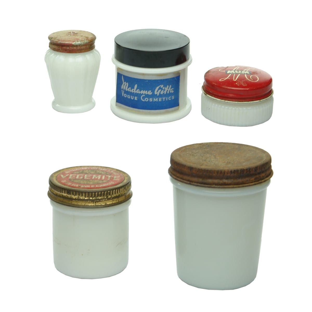 Five Milk Glass Jars: 3 x Cosmetics and 2 x Vegemite.