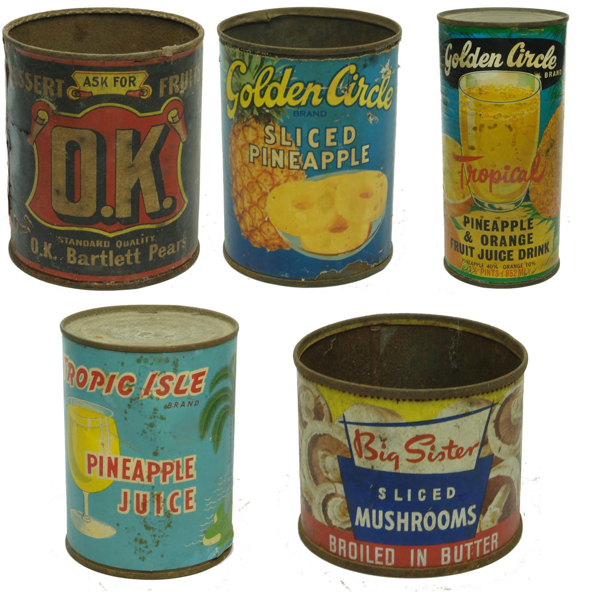 5 Jam, Fruit etc Product tins: Peacock's OK; Golden Circle; Queensland Canneries; Big Sister.