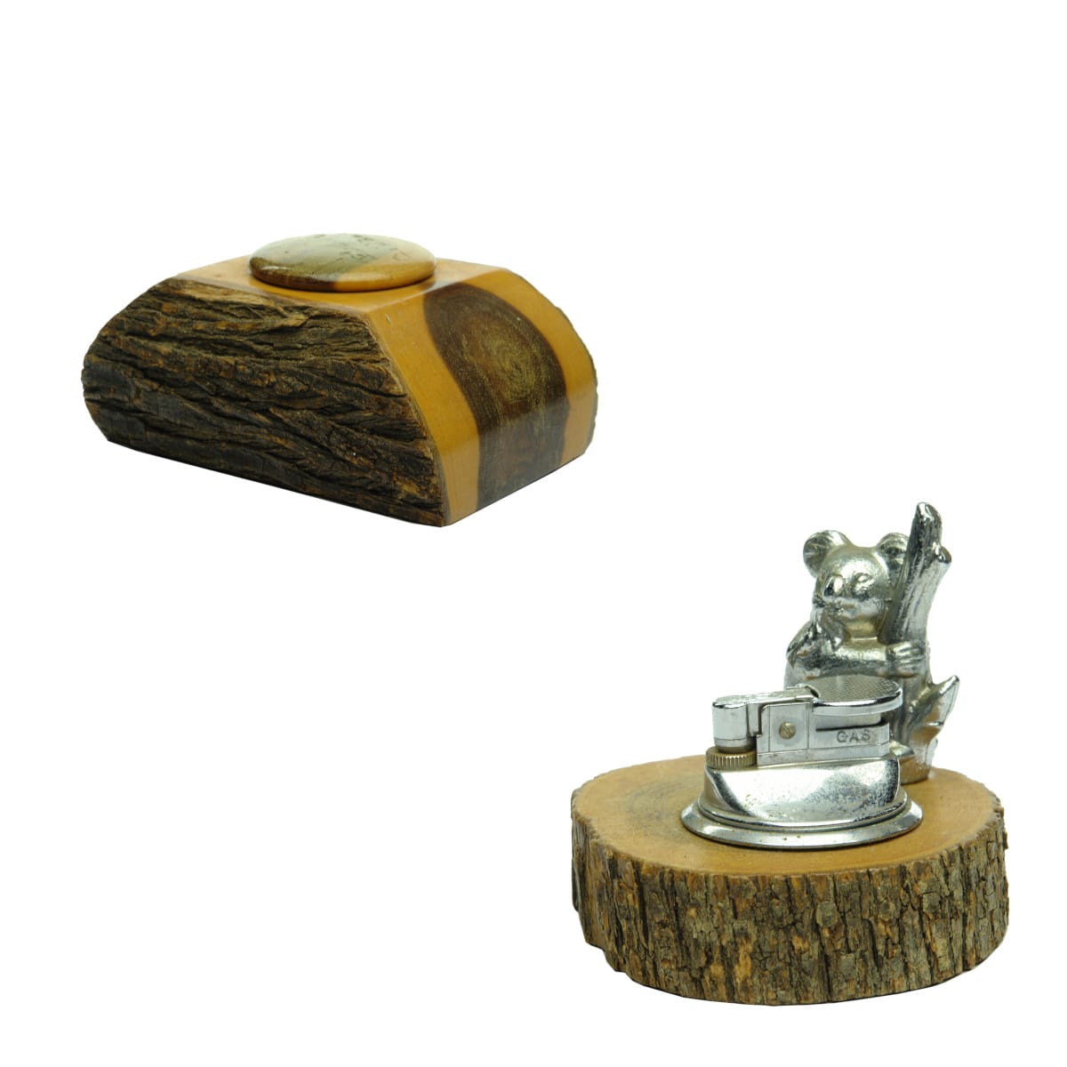 Pair of Mulga Wood Items: Inkwell and Cigarette Lighter with metal Koala.