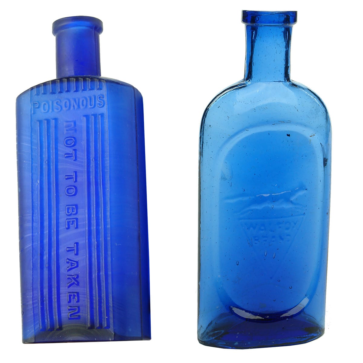 Pair of Blue Bottles: 1. Poisonous Not to be taken. 4 oz. 2. Walfox.