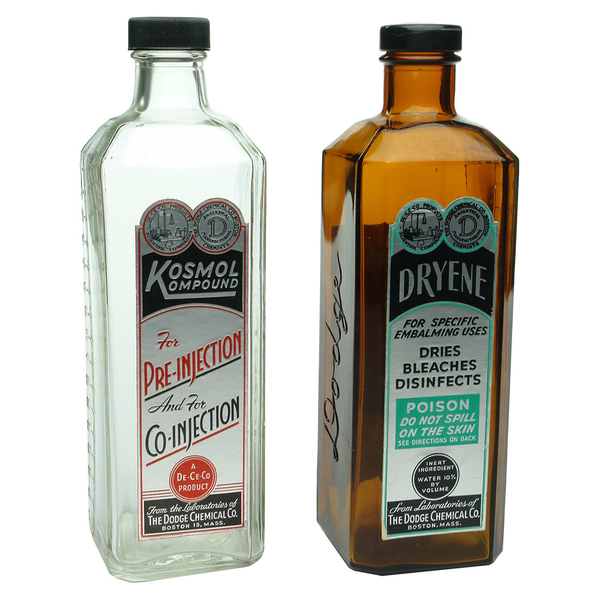 Pair of Dodge Chemical Co Embalming Fluid bottles. Dryene & Kosmol. Both labelled. Original Tops.