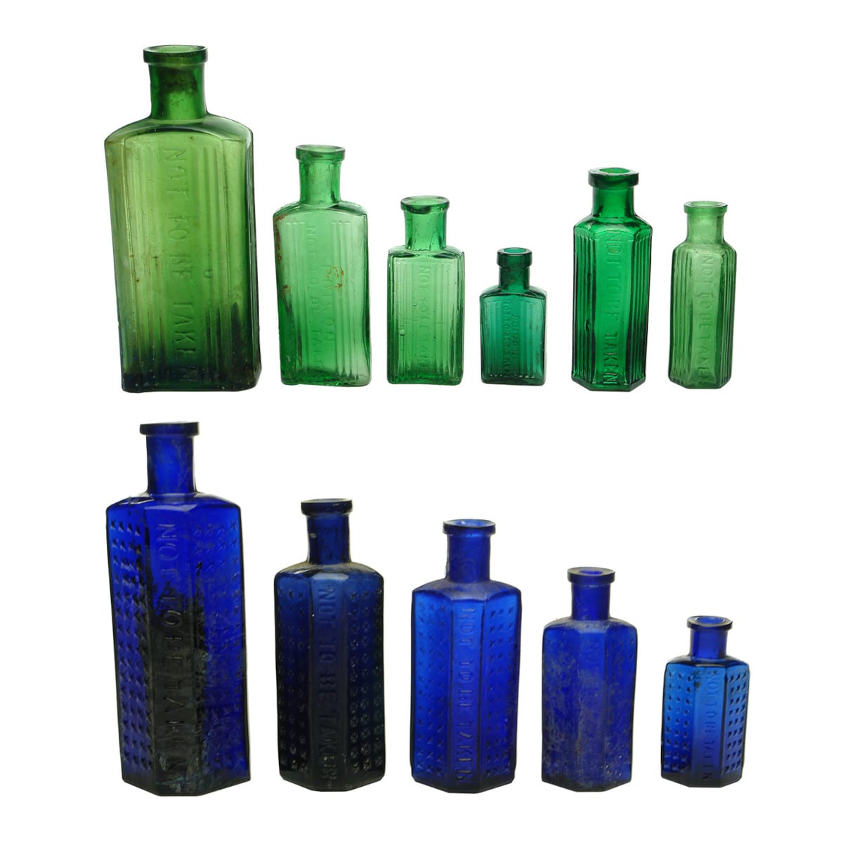 11 Poison Bottles: Six Green & Five Blue Poisons. All 1/2 to 4 oz.