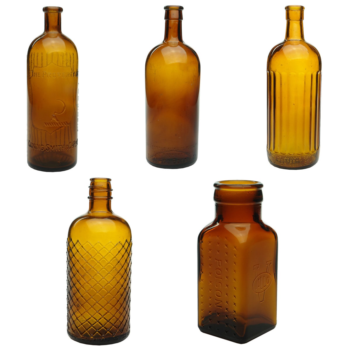 Five Poison Bottles/Jars: Cuming Smith Formalin; 2 x different Jefco; Mercury Chemical Co; Vallo.