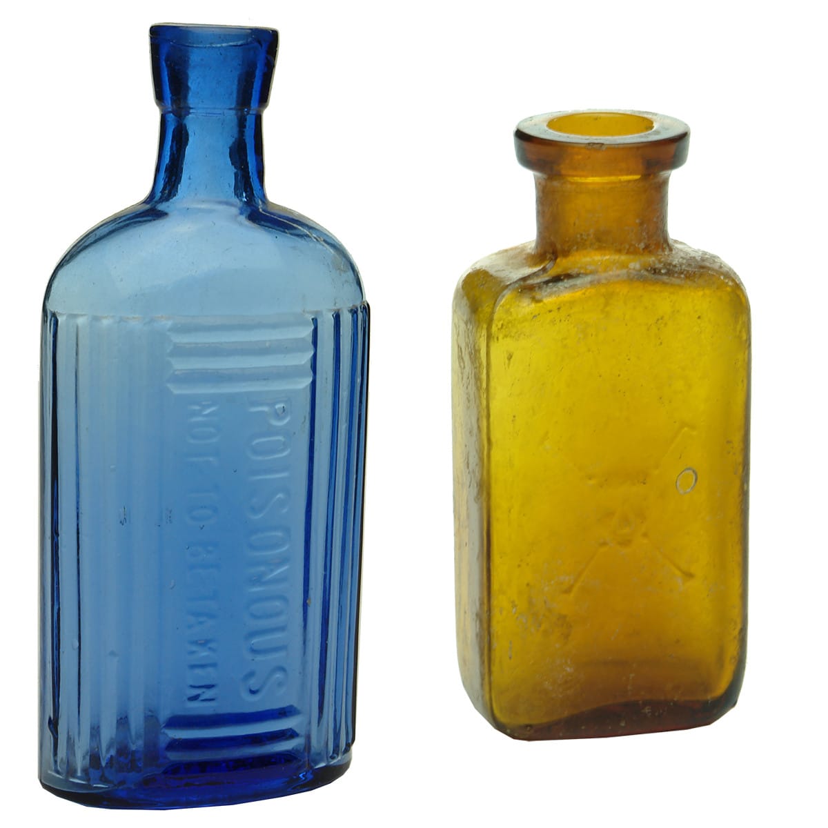 Pair of Poisons. 1. Poisonous, Not To Be Taken. Oval. Mid Blue. 4 oz. 2. Skull & Crossbones. Amber. 1/2 oz.