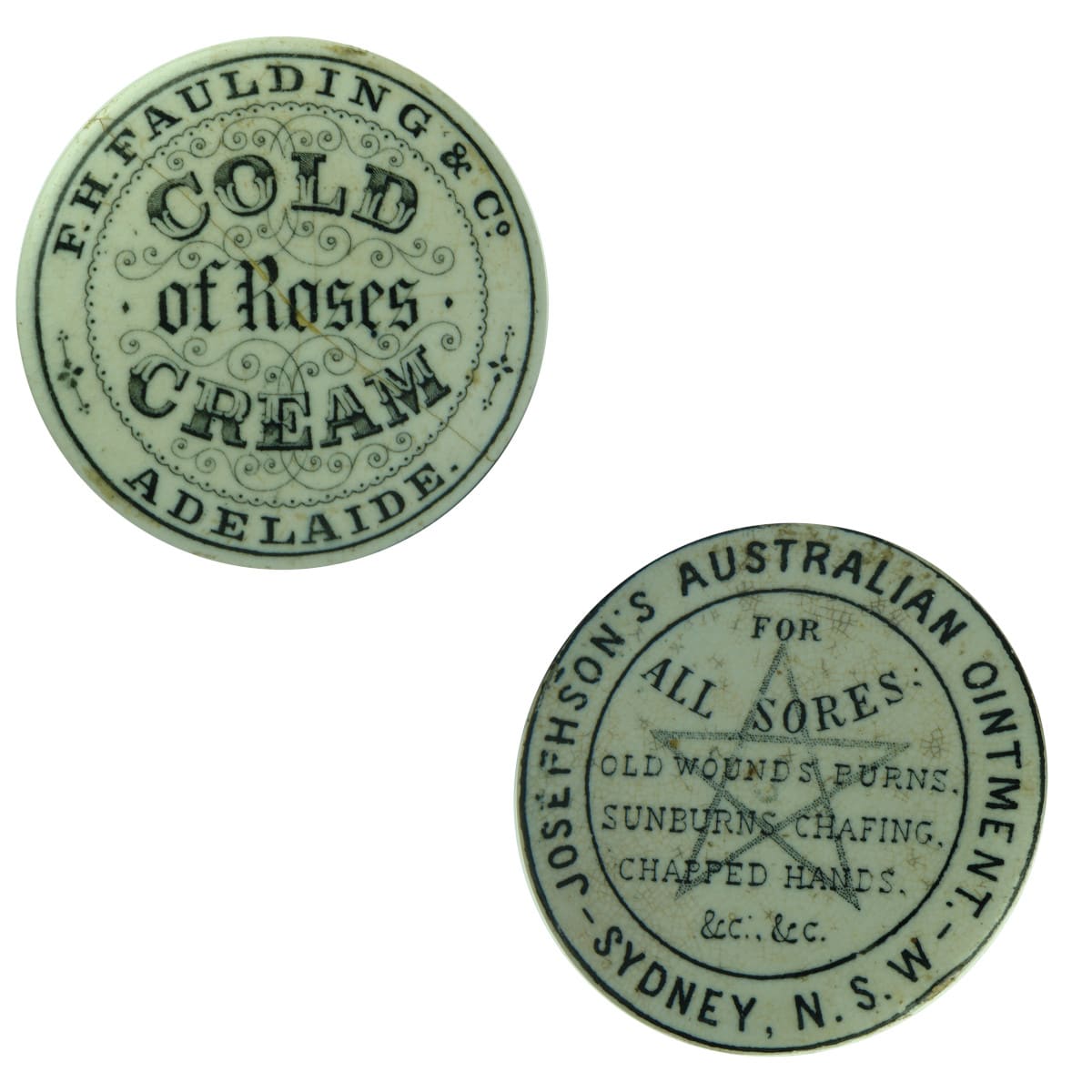 Pair of Pot Lids. F. H. Faulding & Co, Cold Cream of Roses, Adelaide. (South Australia) Josephson's Australian Ointment. Sydney. Black & White. (New South Wales)