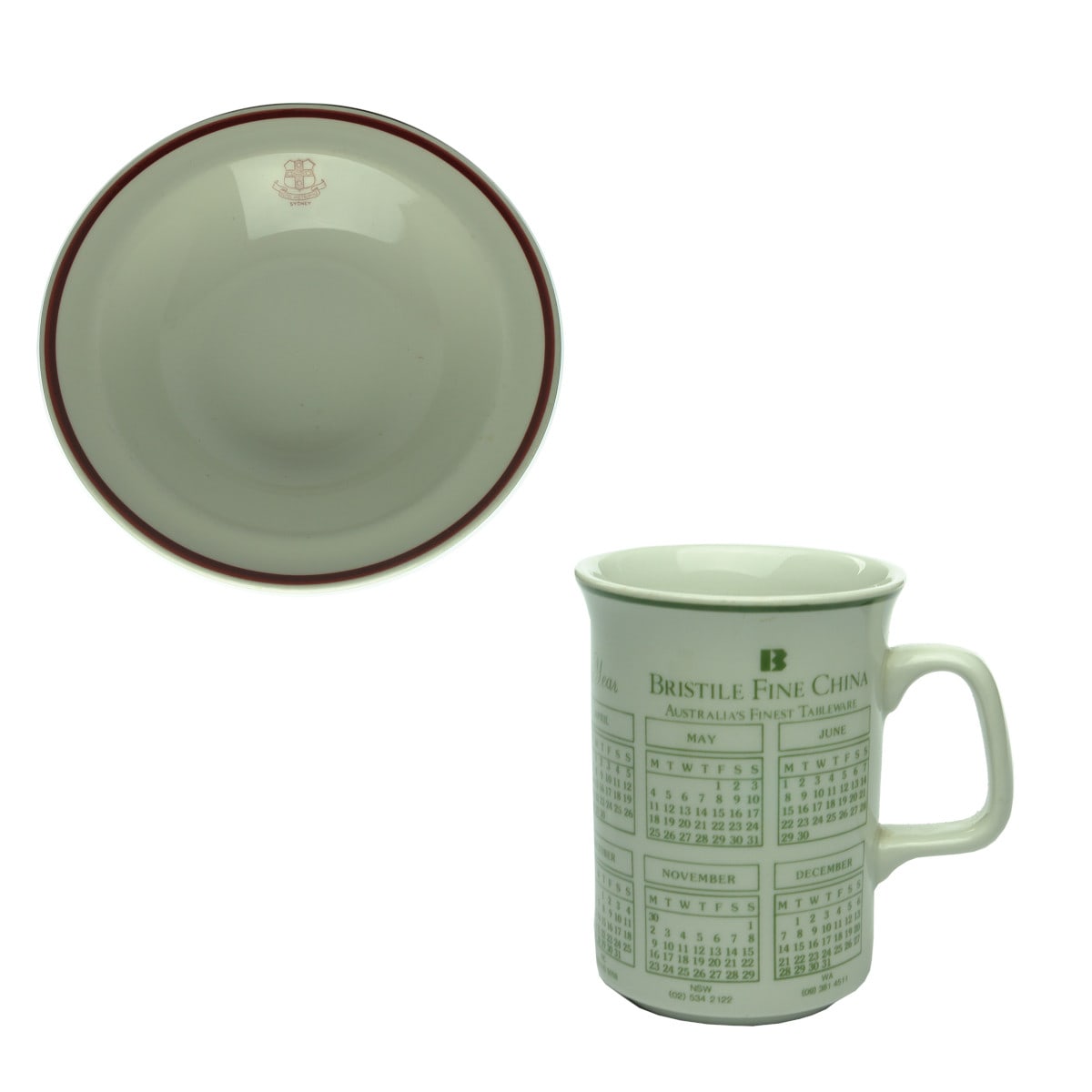 2 Hotelware Items: Hotel Metropole, Sydney bowl; Bristile Fine China Advertising Mug, 1992.