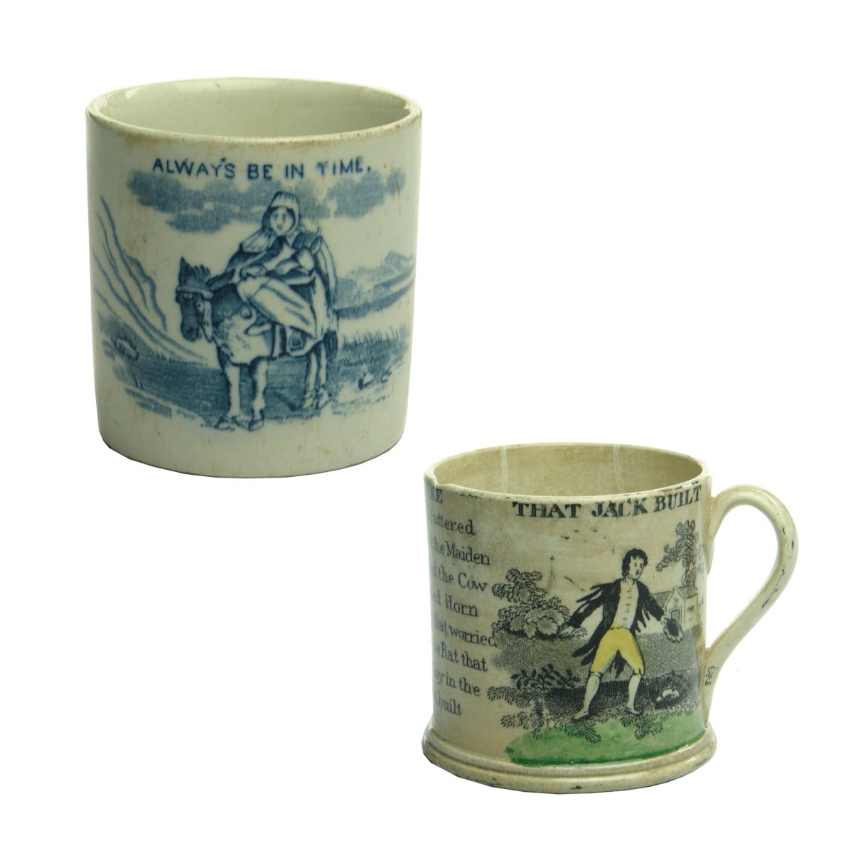 Pair of Victorian Child's Mugs: Always Be In Time & The History of The House That Jack Built.