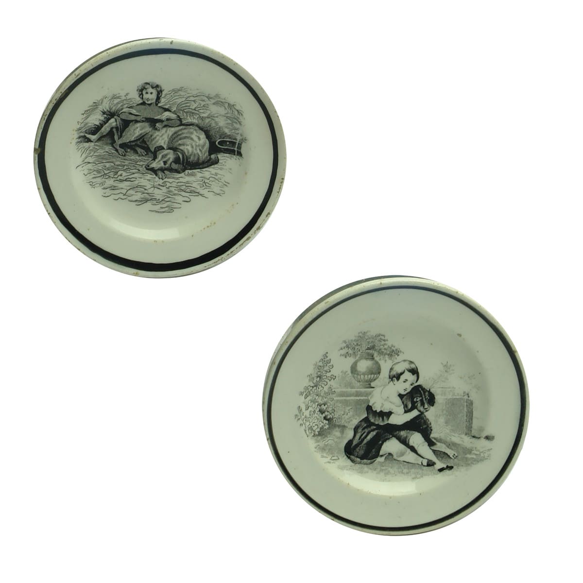 Pottery. Two tiny dishes depicting people with dogs.