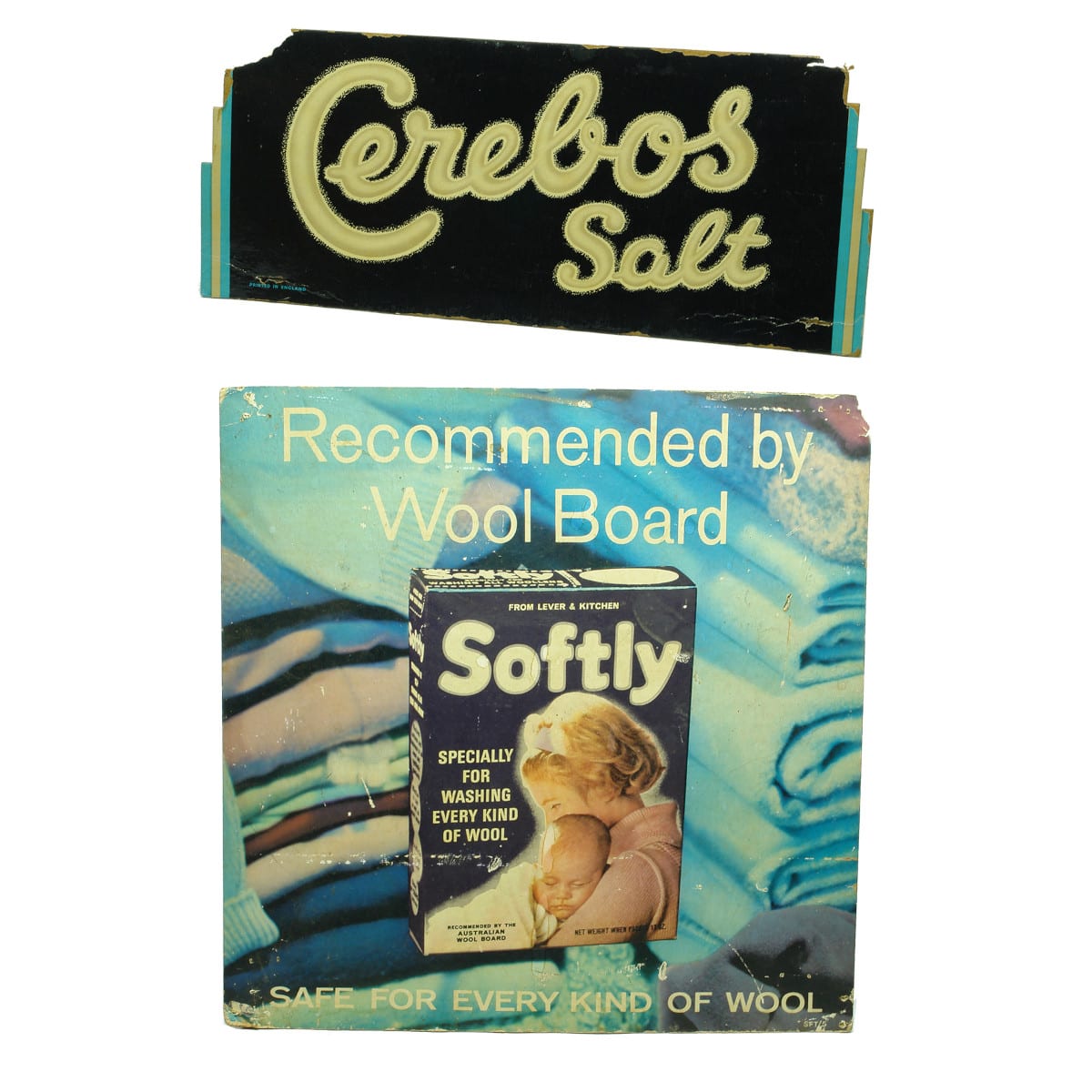 Two Cardboard Advertising Signs: Cerebos Salt & Softly, Recommended by the Wool Board.