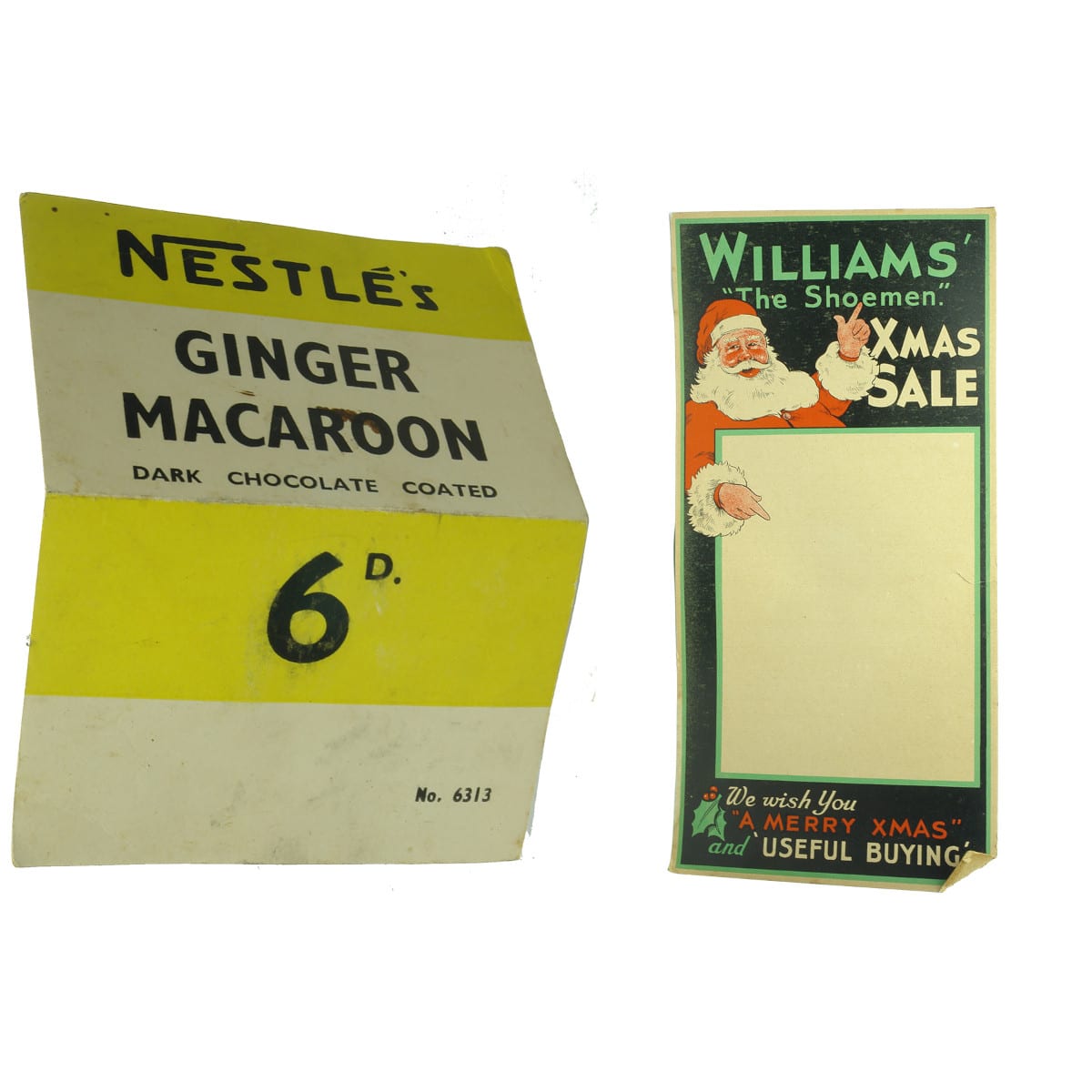 Advertising. Pair of cardboard signs: Nestle's Ginger Macaroon; Williams' "The Shoemen"