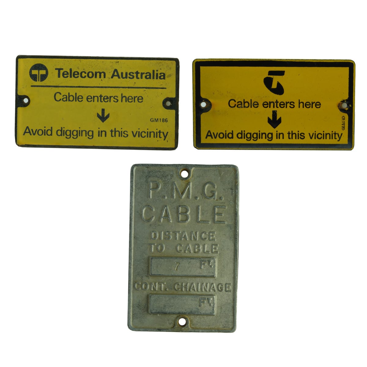 Three Signs. Telecom Australia; Telstra and PMG Cable metal plate.