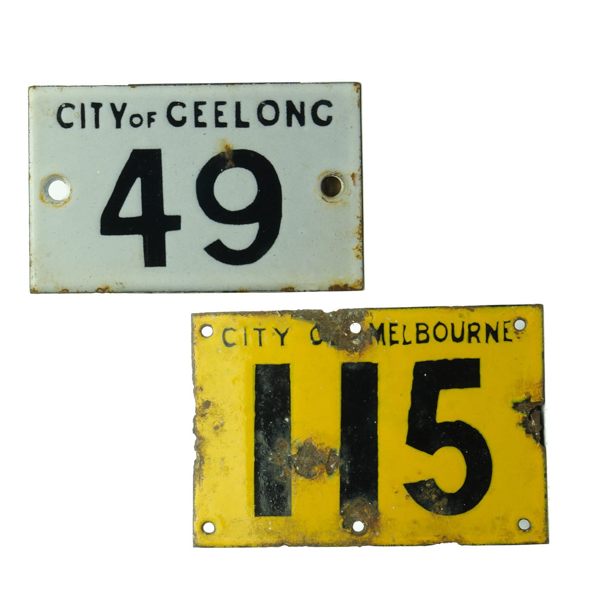 Two Small enamel signs. City of Geelong. 49. Black on White and City of Melbourne. 115. Black on Yellow. (Victoria)