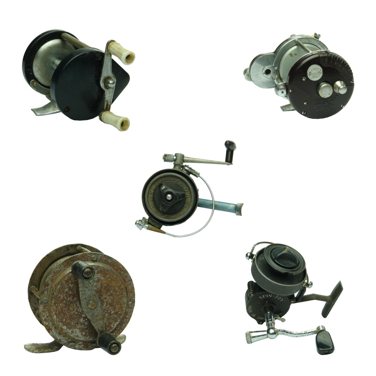 Five Fishing Reels. 1. Japanese made metal sidewinder reel. 2. Ocean City 255 Inductor Reel. 3. Roddy Spinning Reel. 4. Small TOKOZ metal sidewinder reel. 5. Spin Joy Spinning Reel.