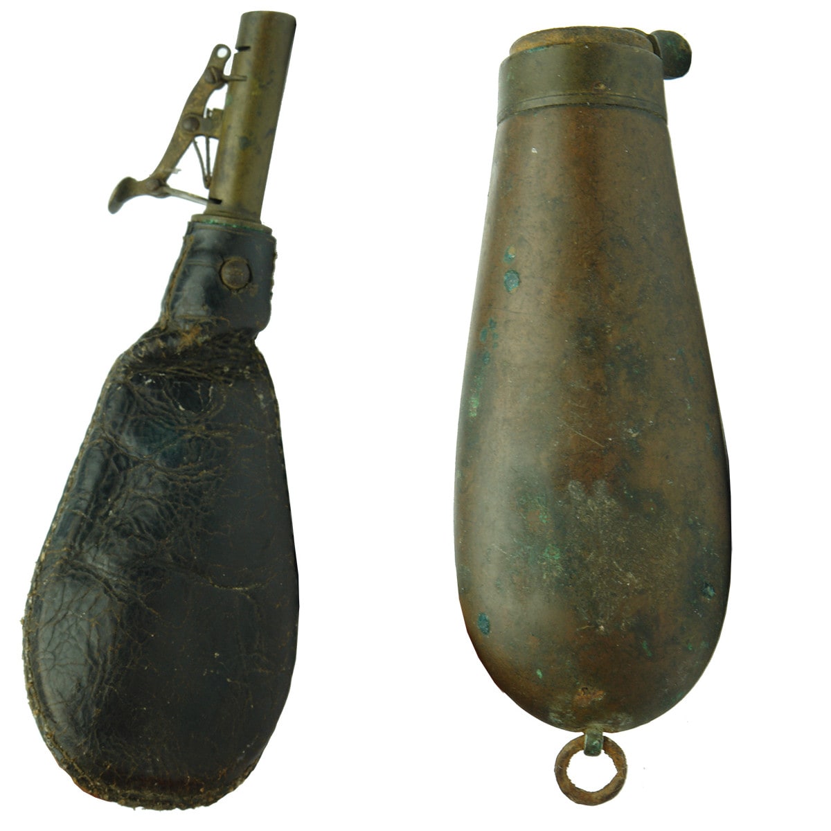 Pair of Powder flasks: 1. Leather powder flask. 2. Small copper powder flask.