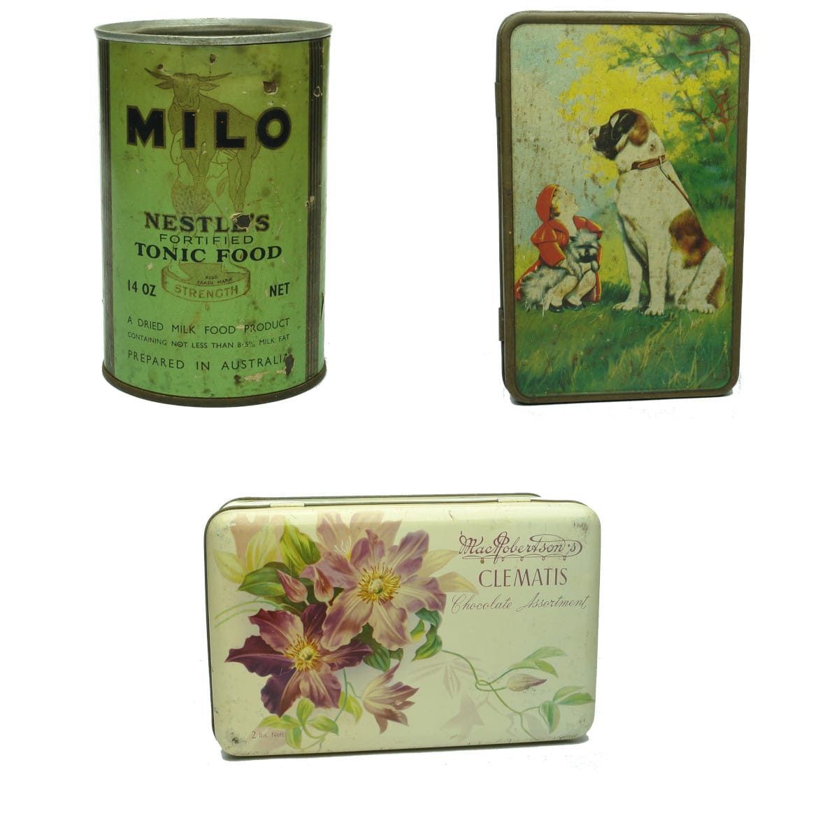 Three Tins: Milo with paper label; 2 x different MacRobertsons.