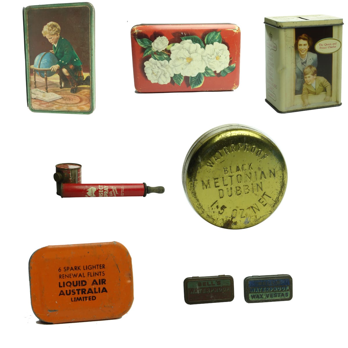 8 Australian Tins: MacRobertsons Child with Globe; Griffiths Sweets White Flowers; Bester's Sweets QEII Coronation Money Box; Embassy Insect Spray; Meltonian Dubbin; 6 Spark Lighter Renewal Flints Liquid Air Australia; 2 Bell's Wax Vestas.