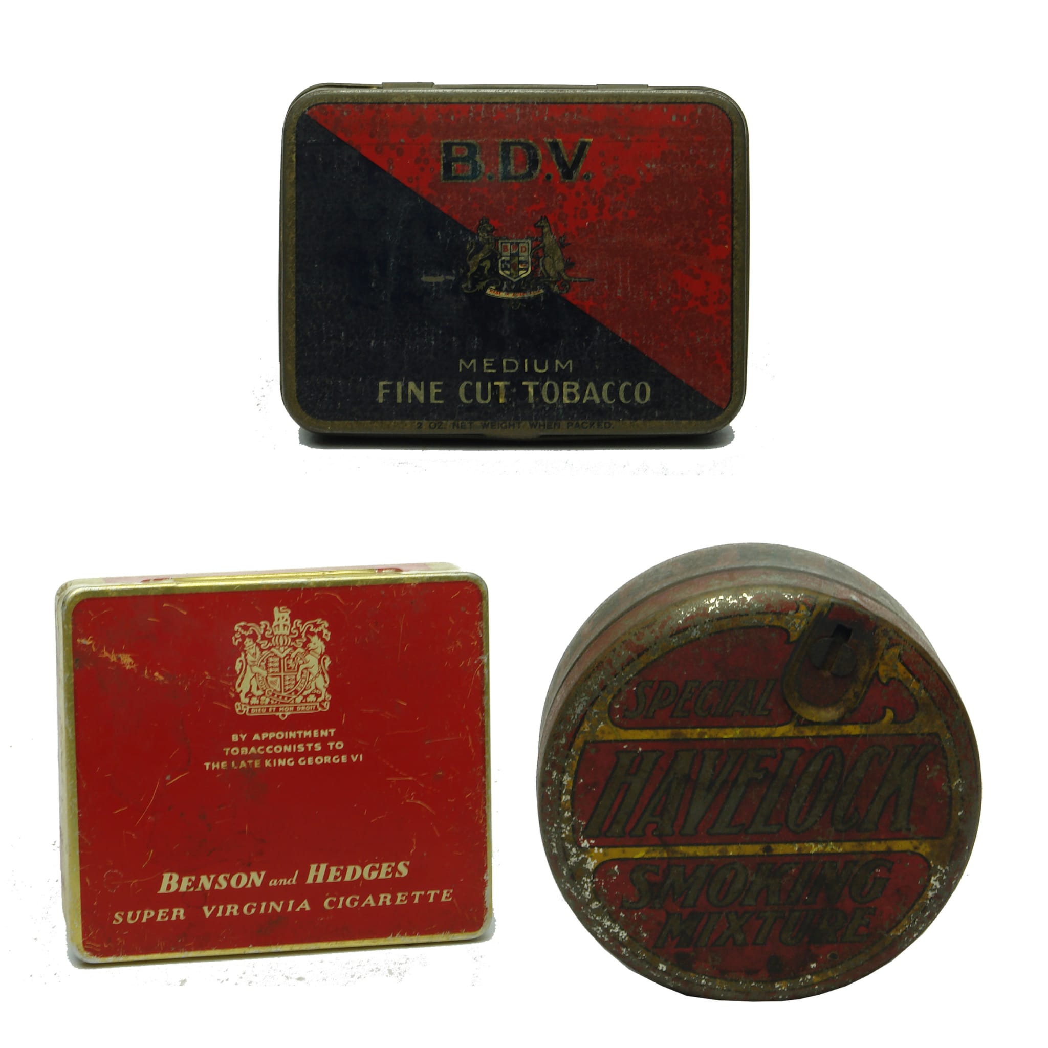 Three Tobacco/Cigarette Tins. BDV, Melbourne; Benson & Hedges; Havelock.