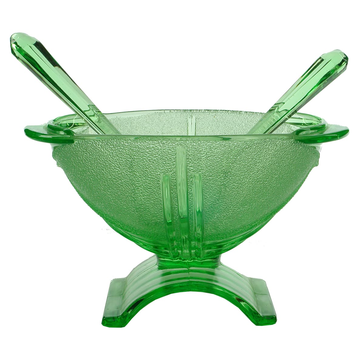 Glassware. Uranium Glass Salad Bowl with Spoon and Fork.