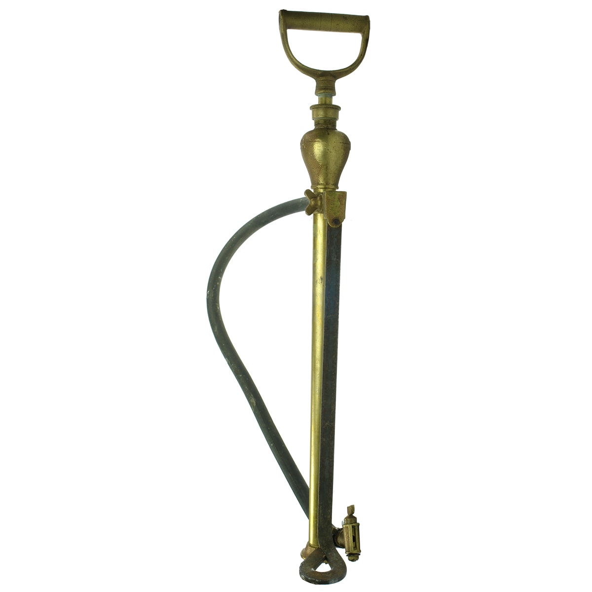 Brass Hand Pump. Rega D. Fittings and Cast Iron "stand". Brass tap at end of hose.