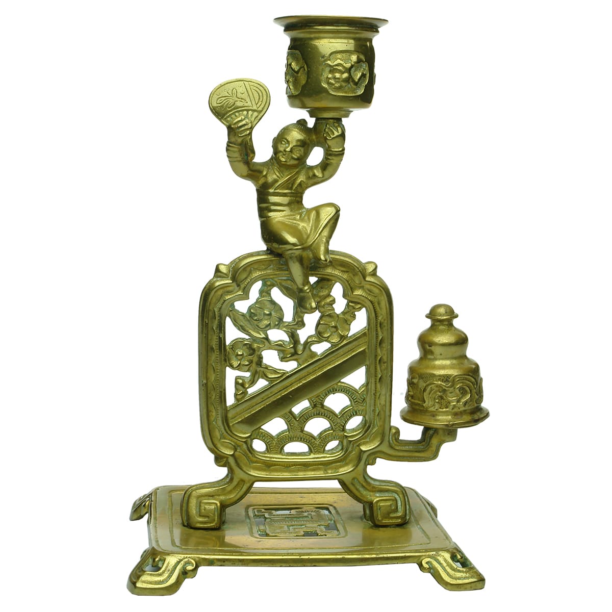 William Tonks & Sons, Birmingham Brass Candlestick with Asian Person Holding Bowl, and separate snuff. Registered Number 131218.