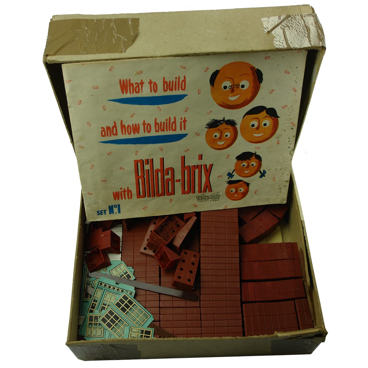 Box with 1950s set of Bilda-brix. Playmate Australian Plastic Toys. Set No. 1.