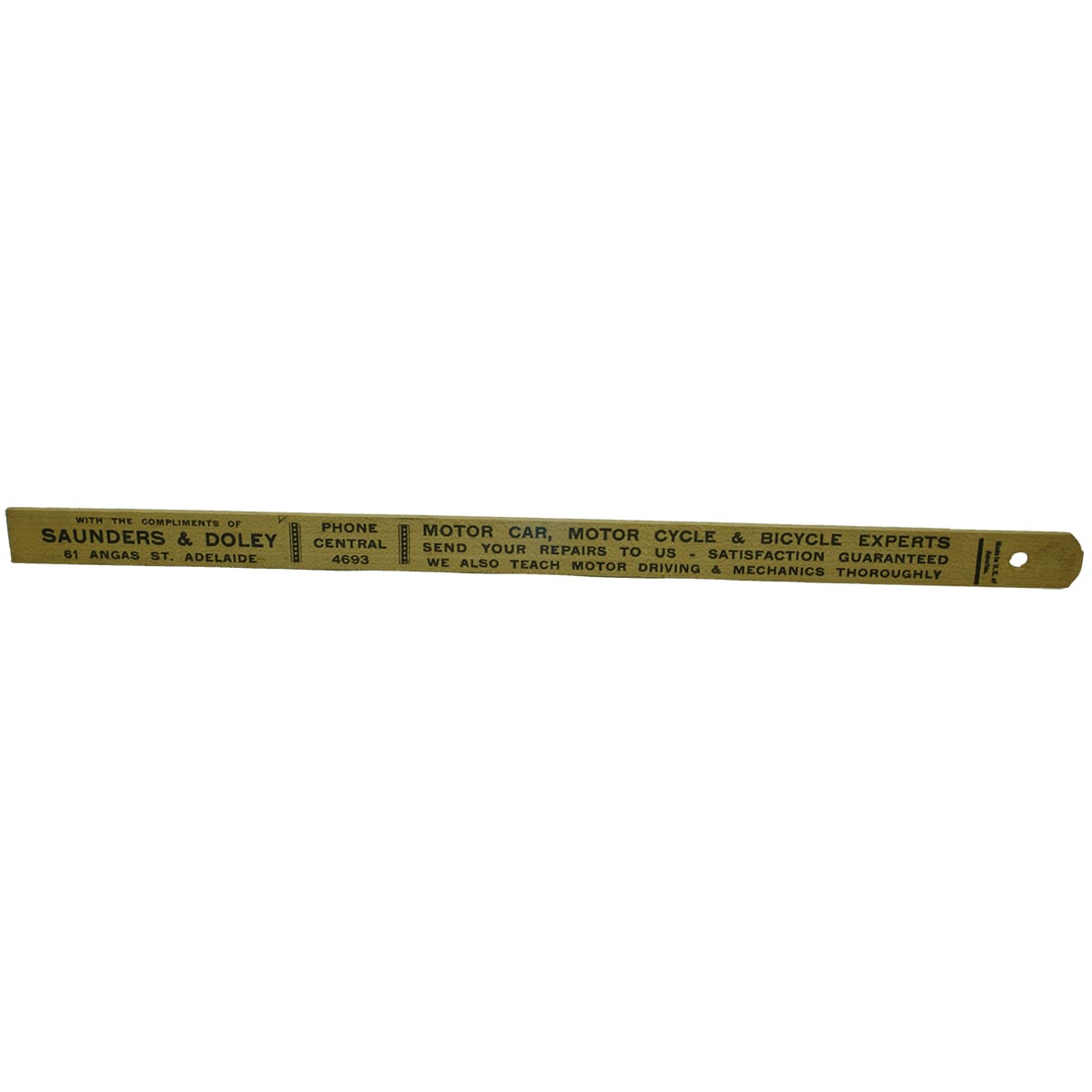 Advertising Ruler. Saunders & Doley, Adelaide. Cars & Cycles. Atwater Kent Gasoline. (South Australia)