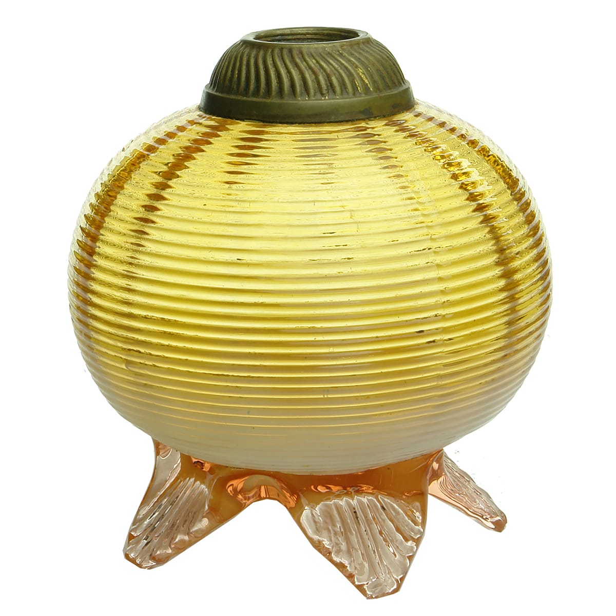 Lamp. Amber horizontally ribbed bowl with applied pink feet.